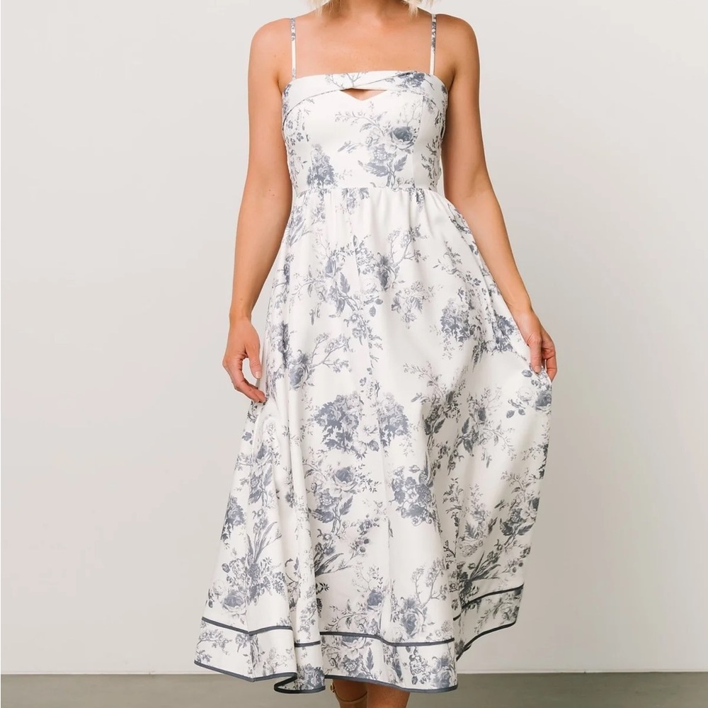 Baltic Born Sz M White Dress with Gray Floral Pattern